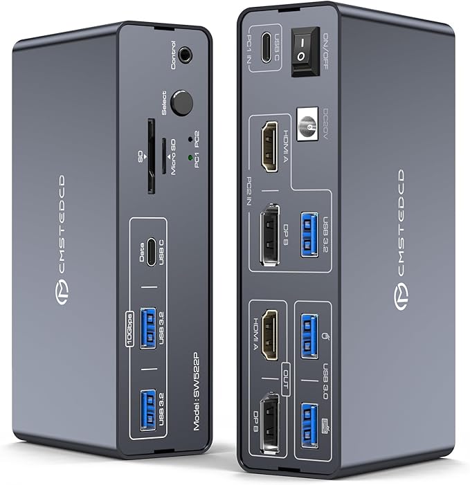 KVM Switch 2 Monitors 2 Computers Docking Station USB C + HDMI/DP Input with 100W PD, 4K60Hz/4K120Hz Displayport HDMI Dual Monitor for Laptop and Desktop Share 13-in-1 Dock Aluminum Case Plug and Play