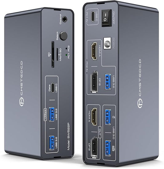 KVM Switch 2 Monitors 2 Computers Docking Station USB C + HDMI/DP Input with 100W PD, 4K60Hz/4K120Hz Displayport HDMI Dual Monitor for Laptop and Desktop Share 13-in-1 Dock Aluminum Case Plug and Play