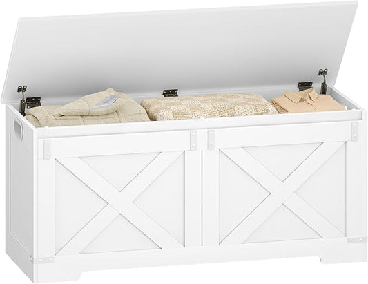 Hzuaneri 42.9" Storage Chest, Large Storage Trunk with 2 Hinges, Farmhouse Wooden Box Bench, Lift-Top Organizer Chest, Entryway Trunk for Bedroom, Living Room, White SB10903X