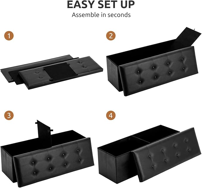 YOUDENOVA Folding Storage Ottoman, Faux Leather Ottoman Bench Footrest Ottoman, Storage Chest Padded Seat for Bedroom and Living Room, Black,15" D x 43" W x 15" H