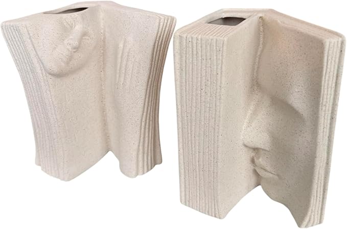 Ceramic Vase Bookends - Unique Decorative Bookend Flower Vases - Set of Two at 6.5in (16.5cm) Height - Cream White Matte Finish Modern Design - Aesthetic Home Office Library Decor