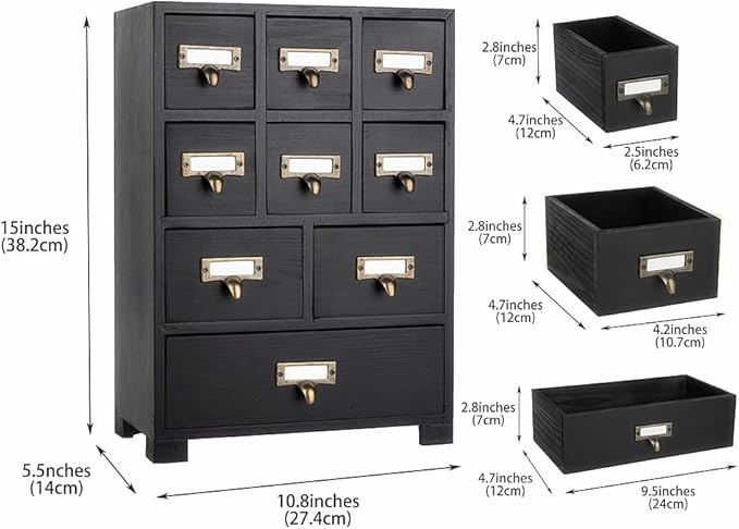 Apothecary Cabinet with 9 Drawers & Labels Rustic Library Card Catalog Cabinet Desktop Wooden Storage Box for Organize Herbal、Tea Bag、Jewelry (Black)