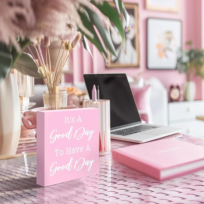 LVQHI Pink Decor For Desk, It's A Good Day To Have A Good Day Sign Wood Box,Inspirational Desk Decor For Women, Small Motivational Home Bedroom Table Accessories Decoration Signs 5"x5"x1.2" In