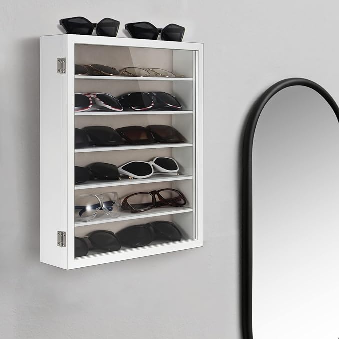 TJ.MOREE Sunglasses Organizer Storage Wall Mounted: 13 x 15.6 inches Eyewear Display Case 6 Tier Rustic Wood Eyeglasses Holder Large Glasses Storage Box, White