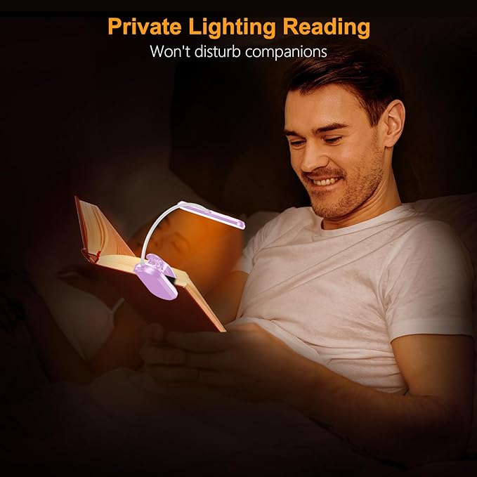 Gritin Rechargeable Book Light for Reading in Bed with 19 LED &Memory Function-Eye Caring 3 Color Temperatures,5 Brightness Levels,90 Hrs Runtime Flexible Goose Neck Clip on Light-Purple