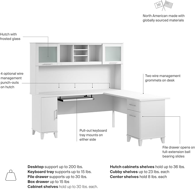 Bush Furniture Somerset L Shaped Desk with Hutch in White | Corner Computer Table with Drawers, Cabinets and Pullout Keyboard/Laptop Tray for Home Office