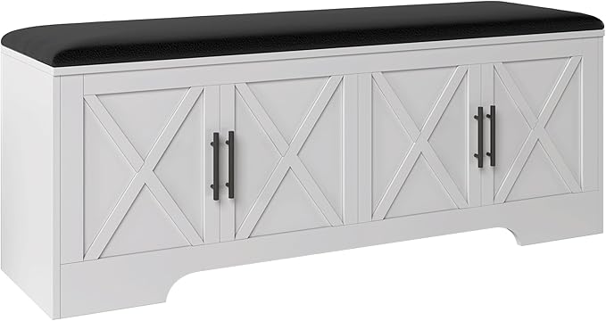 DreamDashio Farmhouse Storage Bench with Lift Top Storage, 47.2" Entryway Bench with Cushioned Seat, End of Bed Bench, Wooden Storage Chest Trunks, for Entryway, Bedroom, Living Room,White