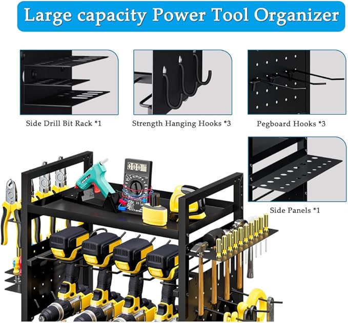 INGIORDAR Large Power Tool Organizer Cart, Garage Floor Standing Rolling Drill and Tools Battery Storage Cart on Wheels, Heavy Duty Utility Rack Shelf,Utility Rack Gift for Men, Husband, Father.