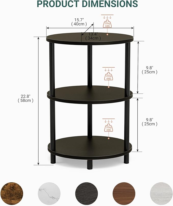 Round Pedestal End Table - 3-Tier Oval Accent Table for Small Spaces, Rustic Wood and Metal Couch Side Table, Nightstand for Bedroom or End Table Living Room, Easy to Assemble, Charcoal Wenge