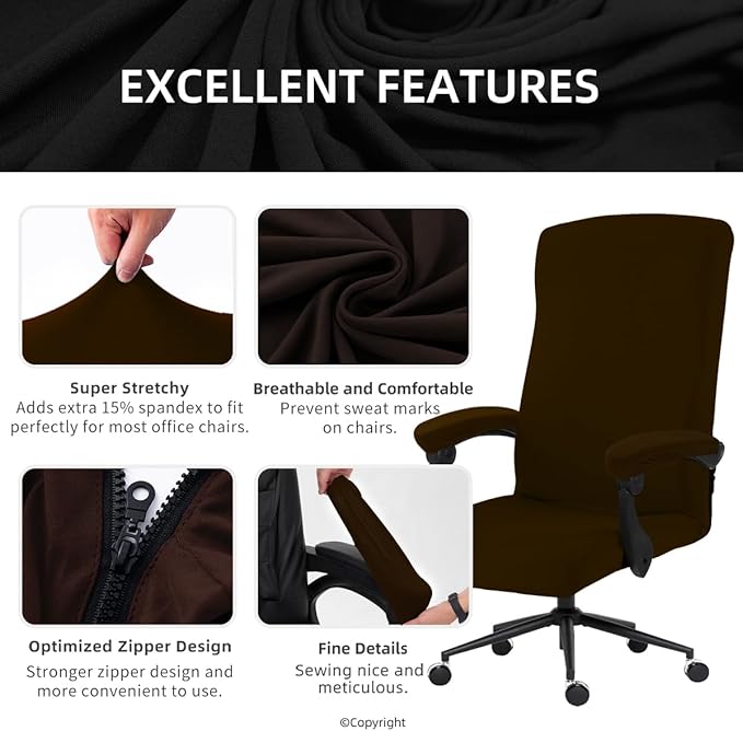 Stretch Computer Office Chair Cover with Armrest Covers Durable Zipper Universal Washable Removable Spandex Rotating Boss Chair Slipcovers Anti-dust Soft Desk Chair Seat Protector, Brown