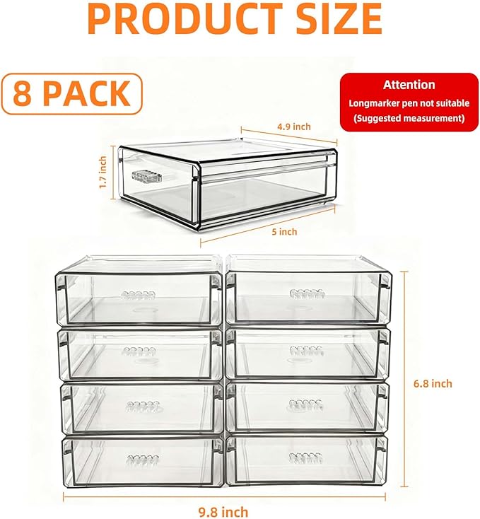 Drawer Organizers, Clear Stackable Storage Boxes for Kitchen Utensils, Office Desk, Bathroom, Makeup & Craft Drawer Organization (Small - 8 Pack)