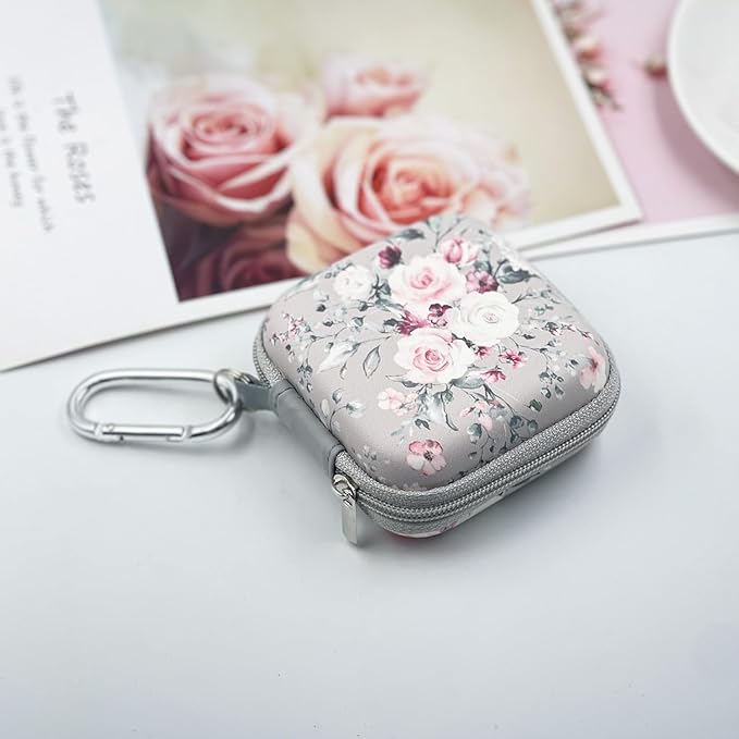 Earbud Case Headphone Organizer Ear Bud Case Portable EVA Carrying Box Storage Bag with Carabiner for AirPods Beats Bose Galaxy Buds 4/3/FE Data Cable Storage (Pink Rose)