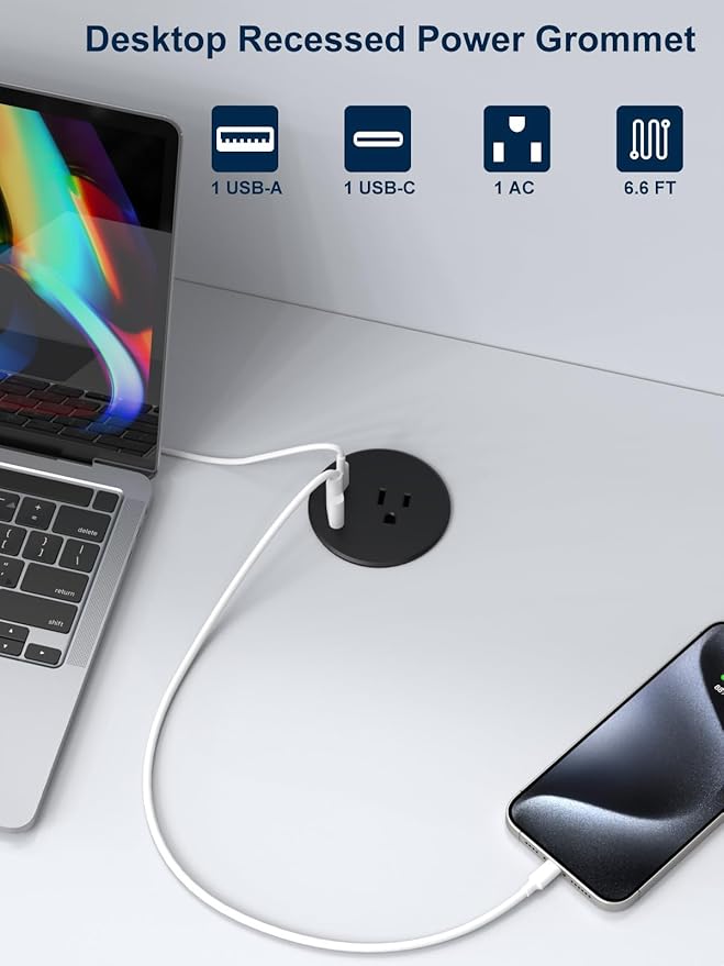 Desk Power Grommet,2.5inch(60mm)Hole Grommet,Recessed Power grommet Fast Charging Station PD20W USB-C Port,Desktop Countertop Grommet Outlet,Flush Mount for Office Tables,Furniture,6.6FT Cord (Black)