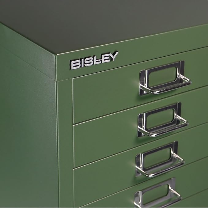 Bisley 10-Drawer Steel MultiDrawer Cabinet - Olive Green, Chrome Pull Handles with Label Holders, Powder-Coated Steel, Removable Drawers, Fits Under Most Desks, Labels Included