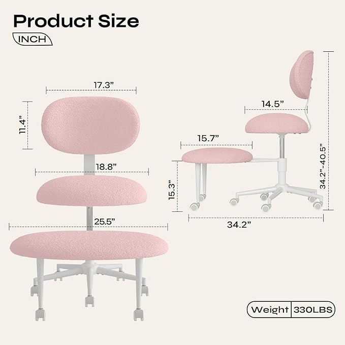 Pinmoco Ergonomic Cross Legged Office Chair with Wheels, ADHD Chair for Adults, Meditation Chair, Yoga Office Chair, Comfortable Back Support, Height Adjustable,Small Spaces, Teddy Fabric, Pink