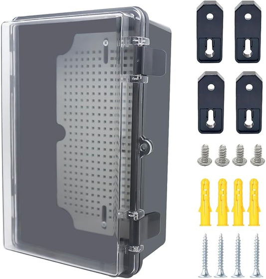 Junction Box, Hinged Black Clear Cover IP67 Waterproof ABS Project Box with Mounting Plate Electrical Box Enclosure with Wall Bracket 10.2 x 6.3 x 4.3inch(260x160x110mm)