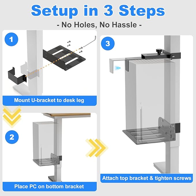 Under Desk PC Mount - No Drilling 40 lb Capacity, Fits 3 Fixed Desk Leg Sizes, CPU Holder Under Desk, Adjustable Clamp-on Desk Leg PC Mount for Standing Desk, with Non-Slip Pads, Black