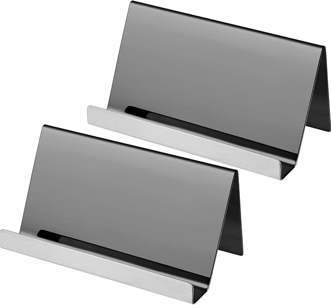 Maxdot 2 Pack Stainless Steel Business Cards Holders Desktop Credit Name Card Display Organizer for Business Mental Name Case Rack for Office Home Daily Use(Black)