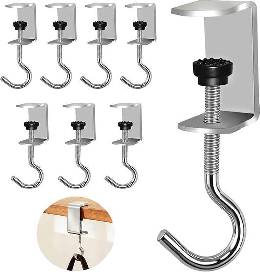8 Pcs Desk Hook, Adjustable Shelf Hooks Heavy-Duty Table Hook Clamp Metal Desk Hanger Hanging Bag Backpack Headphones, Tool-Free Installation Desktop Mounting Hook (Sliver 8 Pcs)