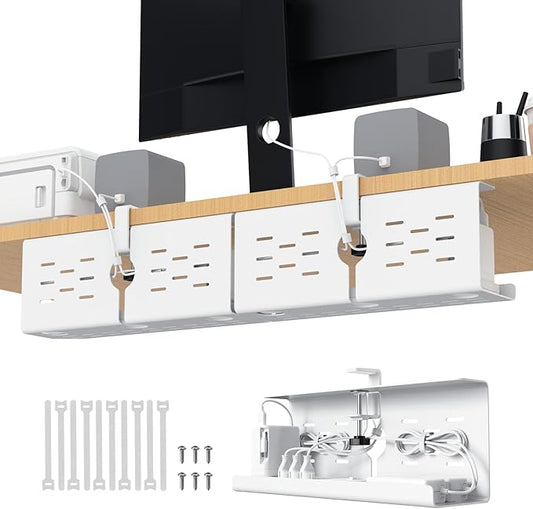KEEGH 16" Under Desk Cable Management Tray, 2 Pack Desk Cord Organizer Upgrade Capacity, No Drill Clamp/Screws Mount, Cord Management Tray for Home Office, Gaming Desk, Standing Desk, White