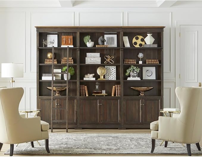 Martin Furniture Sonoma Executive Brown Executive Bookcasem Wall Storage with Wooden Ladder, Shelving Unit, Large Library Furniture, Sturdy Home Office Display Suite