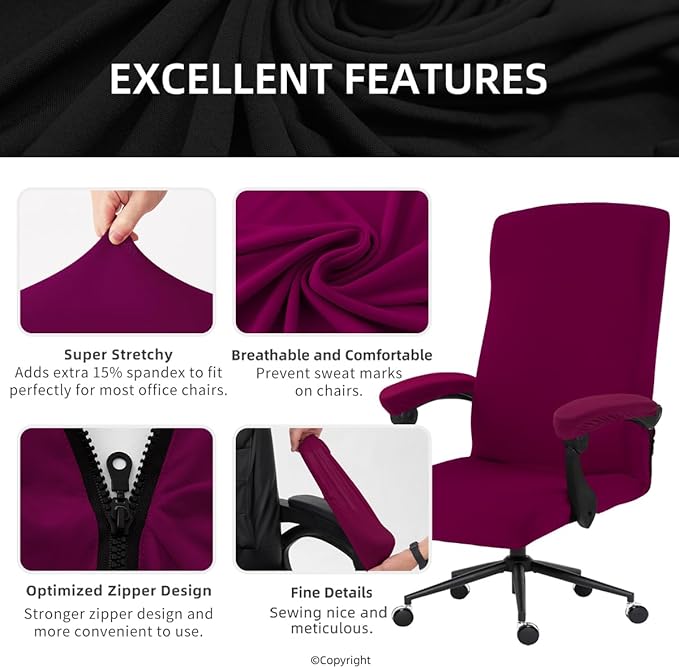 DIVA EN CAMINO DEC Stretch Computer Office Chair Cover with Armrest Covers Durable Zipper Universal Spandex Rotating Boss Chair Slipcovers Anti-dust Soft Desk Chair Seat Protector, Wine Red