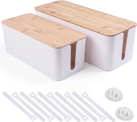 2 Pack Cable Management Box - Cord Organizer Box with Wooden Lid for TV Wires, Power Strips, Router, USB Hub & Under Desk Power: Baby & Pet Proof Cord Management, Cord Hider for Home & Office (White)