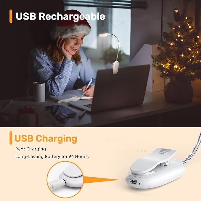 Rechargeable Reading Lights for Books in Bed, Book Lights for Reading at Night in Bed, 3 Brightness Levels × 3 Color Temperatures, up to 80 Hours Reading, Clip on Light for Bookworms, Kids (White)