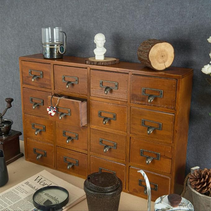 16 Drawers Apothecary Cabinet with Drawers Tabletop Apothecary Chests and Cabinets Library Card Catalog Cabinet Herb Storage Box Wooden Desk Drawer Organizer Medicine Vintage Furniture(BROWN)