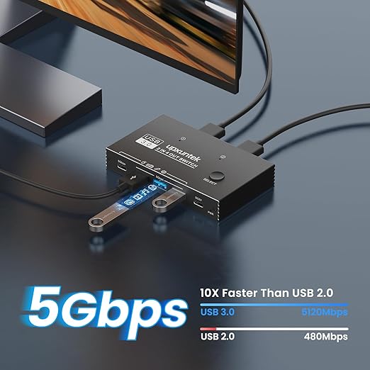 USB 3.0 Switch Selector, 2 Computers Sharing 4 USB Devices, 5Gbps High-Speed Switch for Keyboard, Mouse, Printer, Scanner, Includes USB-A & USB-C Cables