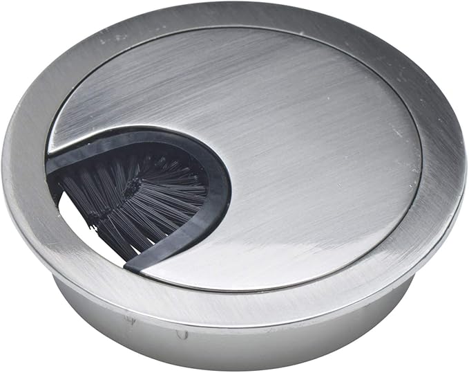 Satin Nickel Metal Cable Grommet | 2 Piece "Lock in" Feature with "Brush" Opening for Management of Office & Computer Desk Wires | 60mm (2 3/8") Hole Opening | 1 Pack