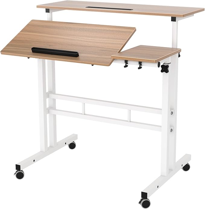 sogesfurniture Mobile Standing Desk, Portable Stand Up Desk, Small Adjustable Standing Desk Converter with Wheels Home Office Workstation, Rolling Desk Laptop Cart for Standing or Sitting, Oak