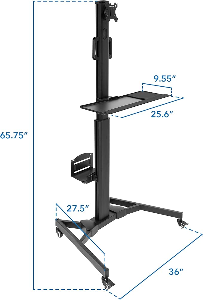Mount-It! Computer Cart Mobile Desk Workstation with Monitor Mount for Screen up to 32", Rolling Computer Desk PC Cart, Keyboard & Mouse Tray, Rolling Stand with Adjustable CPU Holder, 63.5" Tall