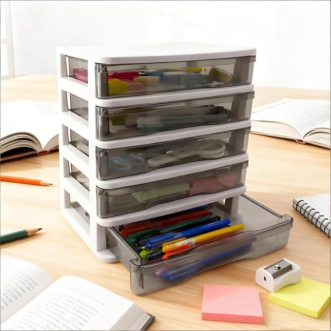 5-Layer Drawer Desktop Storage Bin Unit - Small Plastic Organizer with Clear Drawers & White Frame, Mini Container Case for Desk to Store Crafts, Accessories & Stationery
