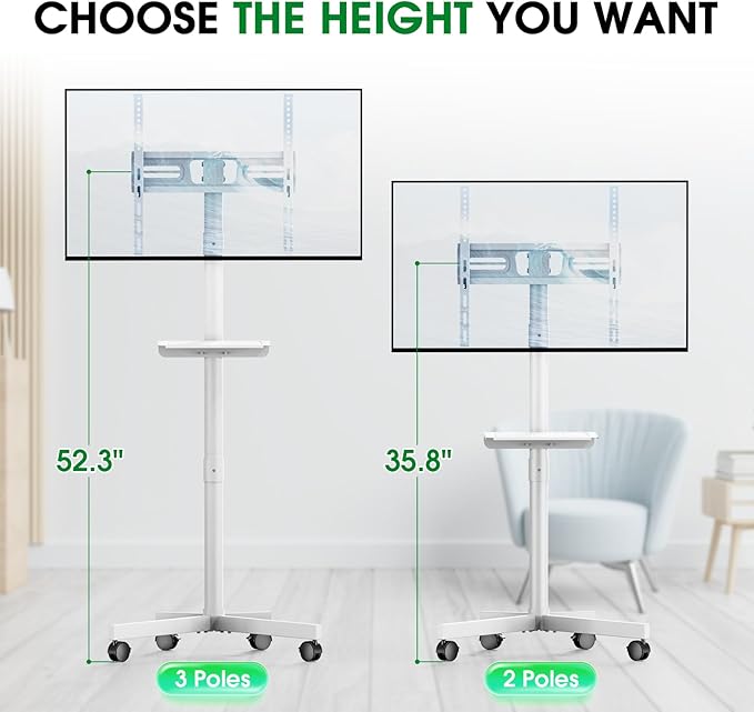 Mobile TV Cart Rolling TV Stand for 23-60 Inch LCD LED Flat Curved Screens up to 88 lbs, Height Adjustable Portable TV Stand on Wheels with Shelf, Outdoor TV Stand Mount, Max VESA 400x400mm, White