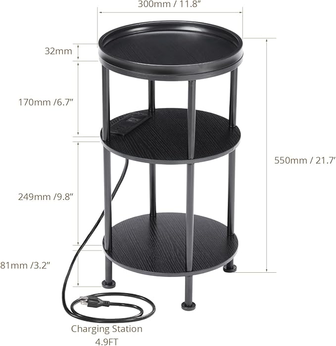 Small Round Side Table with Charging Station for Small Spaces, 3-Tier Accent Table with USB Ports & Power Outlets, Sofa Corner Tea Table for Living Room Nightstand Bedroom Apartment (Black)