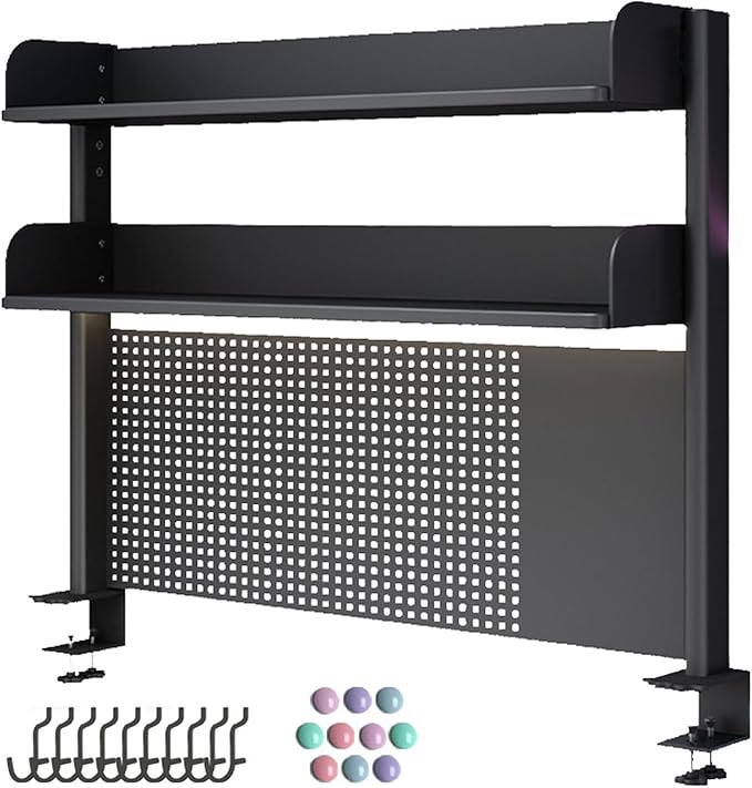 Clamp-on Desktop Shelving Unit with Adjustable Metal Storage Tray Clip On Shelving Unit for Desktop Accessories, Clamp-on Desk Shelf with Perforated Board and Hooks (3 Layers-h 95cm-L80cm)