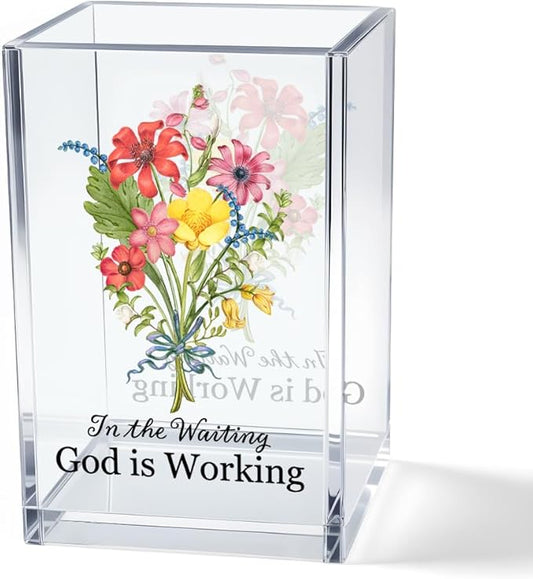 in The Waiting God is Working Acrylic Cosmetic Bible Verse Pencil Pen Holder Cup, Floral Christian Desk Organizer Accessories for Home Office Decor, Christian Faith Gifts for Women Girl Coworker