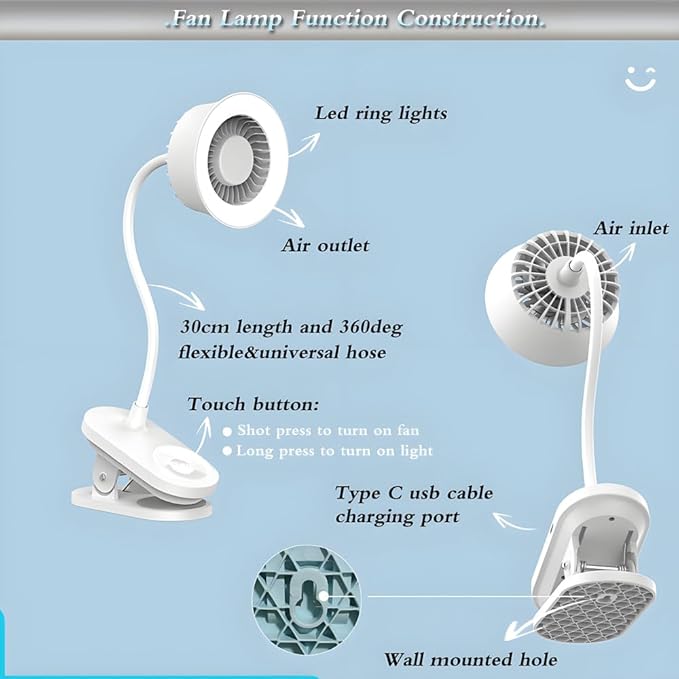 Portable clip and LED lamp 2 in 1 more functions hanging,desktop fan, 4.5W three gears wind speed,two gears led circular lamp high brightness lighting ,touch button with CE FCC certifications (Pink)