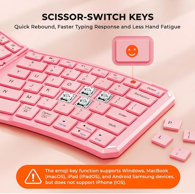 MEETION New Ergonomic Bluetooth Foldable Keyboard, Split Compact Portable Wireless Keyboard for Business Travel, Rechargeable Folding Keyboard for Tablet PC Smartphone iOS Android Windows Mac Pink