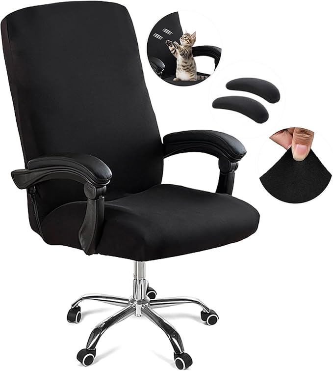 Office Chair Cover,Removable Desk Chair Cover with Zipper,Stretch Anti-dust Universal Rotating Office Seat Slipcover,Washable High Back Computer Seat Protector for Pets (Black, Medium|Armrests)