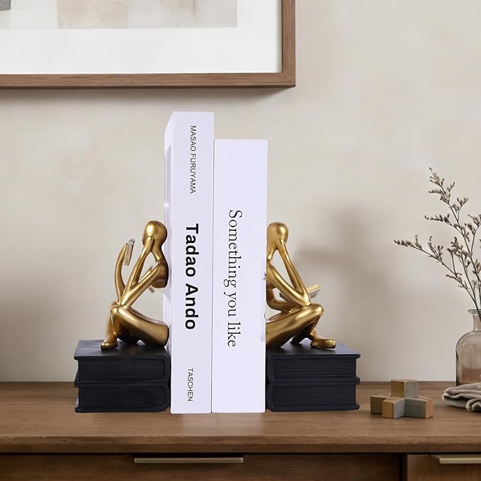 Heavy Duty Book Ends for Shelves, Thinker Bookends Set of 2 Decorative Book Ends for Heavy Books, Modern Unique Shelf Decor for Home Office Living Room Desk