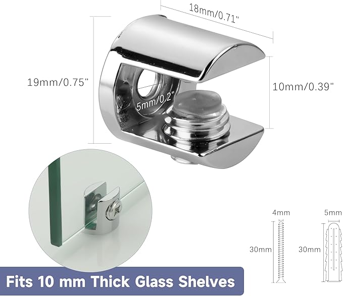 Mooche 4Pcs Glass Shelf Brackets, Heavy Duty Wall Mount Adjustable Zinc Alloy Clamp Holder for Wood Shelves, Polished Chrome (for 10-12mm Glass)