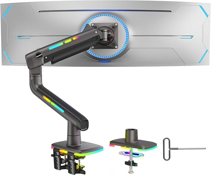 HUANUO 45 inch Monitor Arm, Heavy Duty Single Monitor Mount Holds 44 lbs for Ultrawide/Curved/Gaming Screen, Fully Adjustable with C-Clamp & Grommet Base, Max VESA 100x100mm, RGB