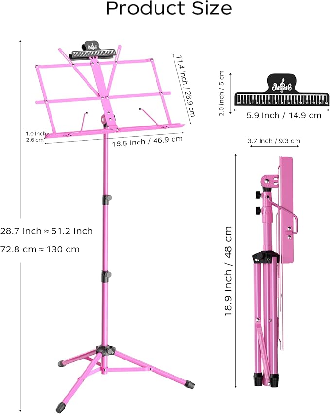 K KASONIC - Music Stand, 2 in 1 Dual-Use Folding Sheet Music Stand & Desktop Book Stand, Portable, Lightweight with Music Sheet Clip Holder & Carrying Bag Suitable for Instrumental Performance (Pink)