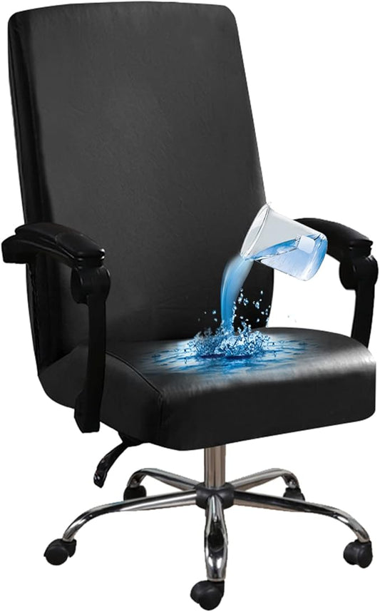 Shukii Waterproof Office Chair Cover PU Leather Computer Seat Covers Stretch Rotating Chair Slipcover with Elastic Bottom Universal Chair Protectors for Rotating Boss Chair (Black, Small)