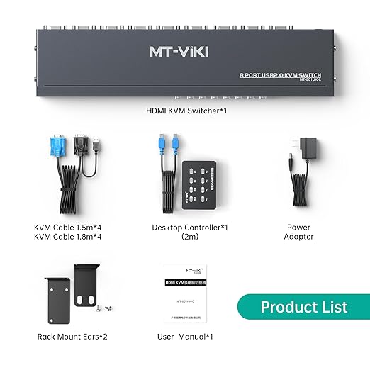 MT-VIKI KVM Switch 8 Port, 8X1 Rackmount KVM Switch VGA, Included 8 2-in-1 KVM Cables & Wire-Desktop Selector & Power Adapter, Fit 1U 19'' Rack
