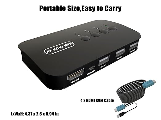 HDMI KVM Switch 4 Port -USB KVM for 4 Computers Share Keyboard Mouse Printer,Flash Drive,HD Monitor, Support 4K@30Hz, 4 HDMI KVM Cables 1 Desktop Controller Included