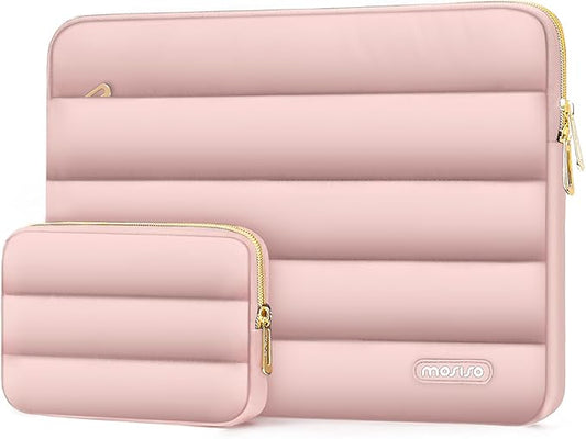 MOSISO Laptop Case 13.3 inch,13-13.3 inch Puffy Laptop Sleeve Compatible with MacBook Air 13.6 M5 M4 M3 M2 M1/Neo/Pro 13/14,HP Dell ASUS Lenovo,Polyester Horizontal Bag with Small Case, Pink