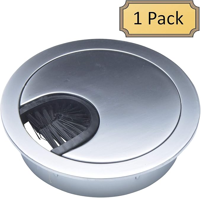 Matte Chrome Metal Cable Grommet | 2 Piece "Lock in" Feature with "Brush" Opening for Management of Office & Computer Desk Wires | 60mm (2 3/8") Hole Opening | 1 Pack